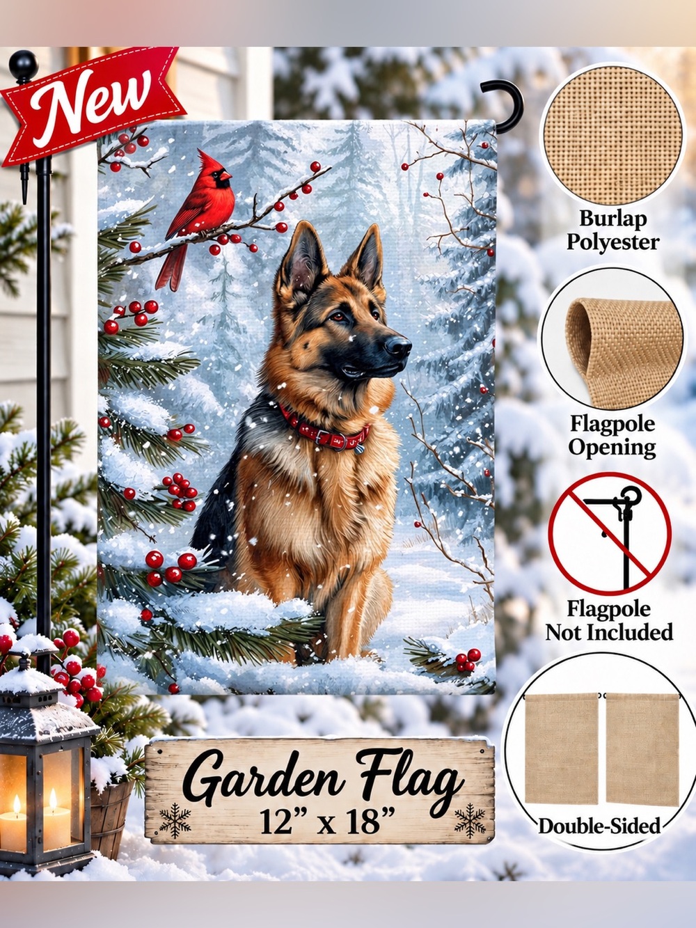 Garden flag, winter German Shepherd, dog,burlap polyester, double sided, 12“x18”